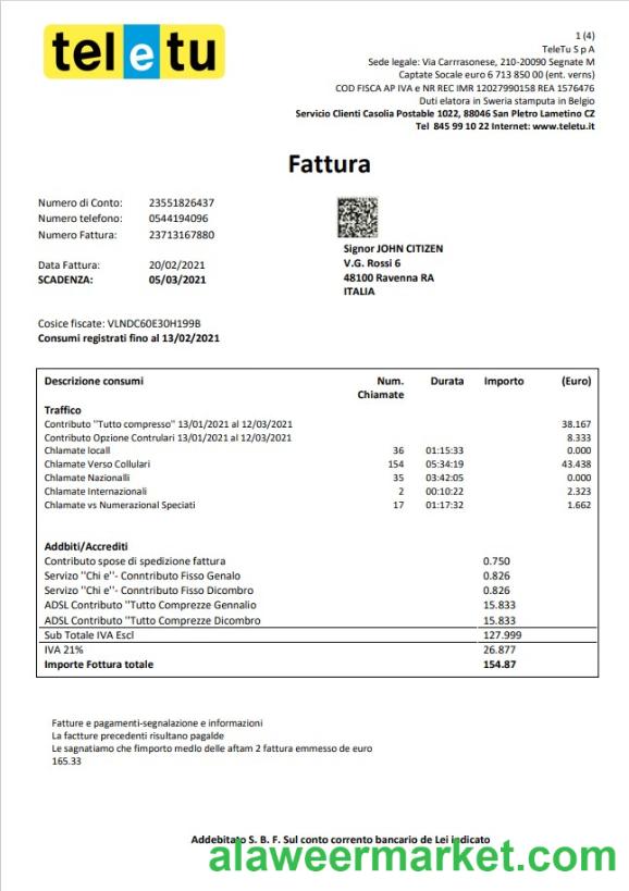Italy TeleTu utility bill template in Word and PDF format